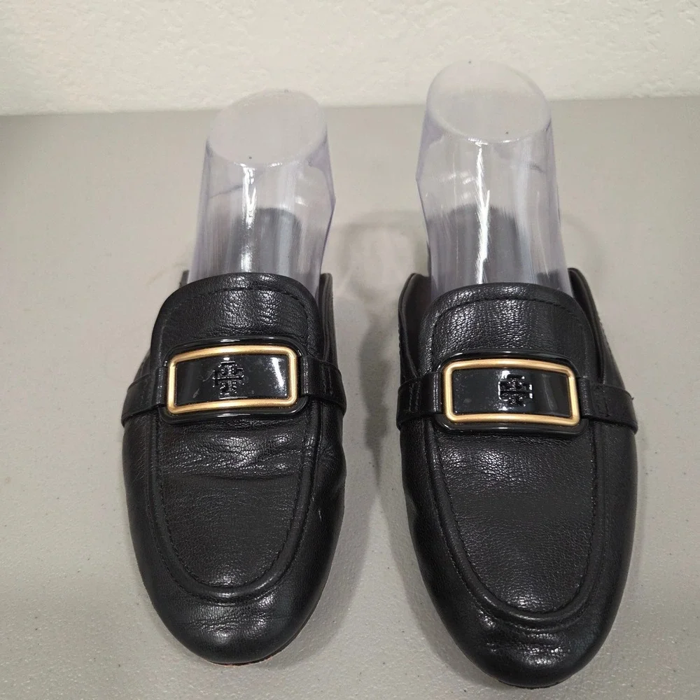 Tory Burch Georgia Backless Loafer Mule 8M Black Leather Gold Buckle Flat Chic